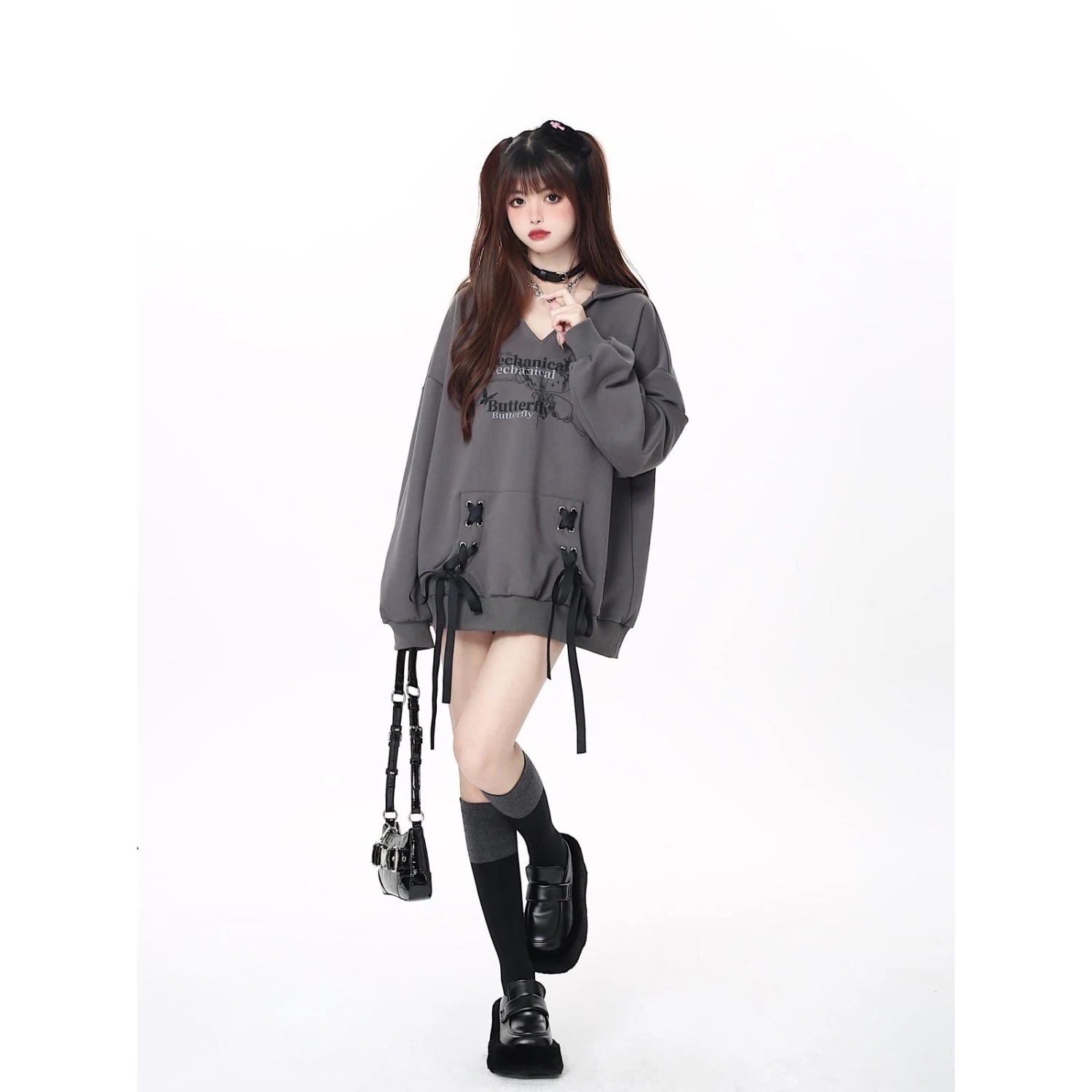 パーカー Vネックニッチルーズカジュアルタイミドルレングスヴィンテージフード付きスウェットシャツ女性