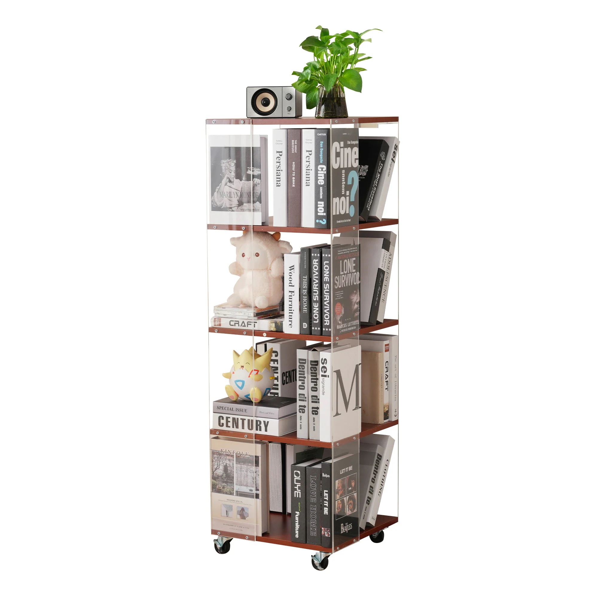 棚 本棚 4段 おしゃれ 絵本棚 大容量 スリム アクリル 木製 絵本ラック 360回転ラック コミックラック 漫画収納 雑誌 教科書 が ディスプレイ書棚 CDラック DVDラック フィ