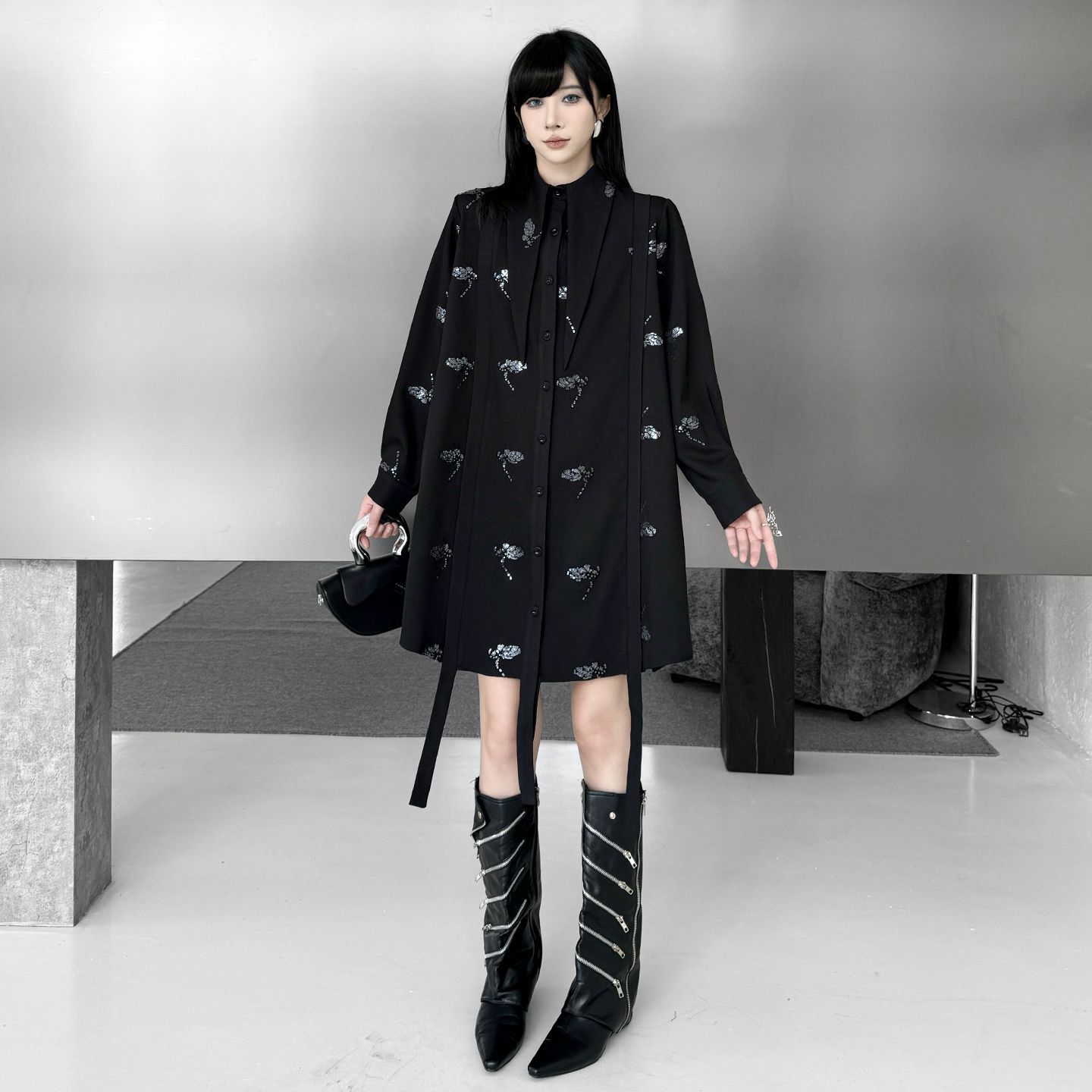 【Noir Mode】 2026 春 シャツワンピース ショート ワンピース デザイン性 ブラックコーデ 大きいサイズ レディース 体型カバー ワンピース レディース