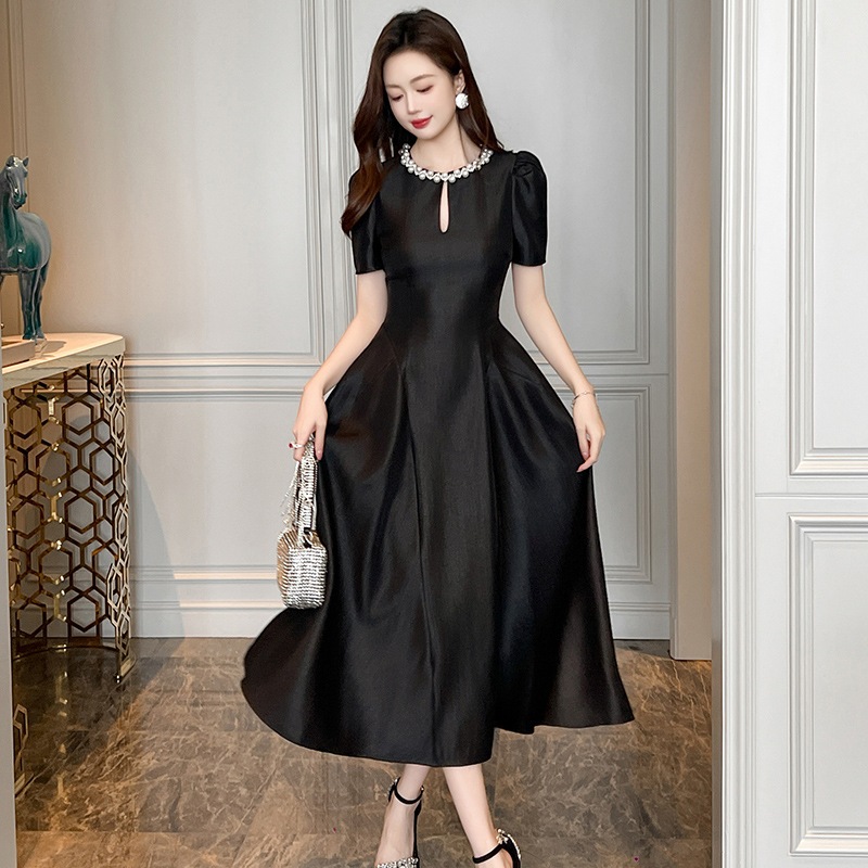 韓国パープルワンピースドレス 2025夏 新作レディース かわいいパーティードレス 透かし彫りウエスト引き締めロングワンピース