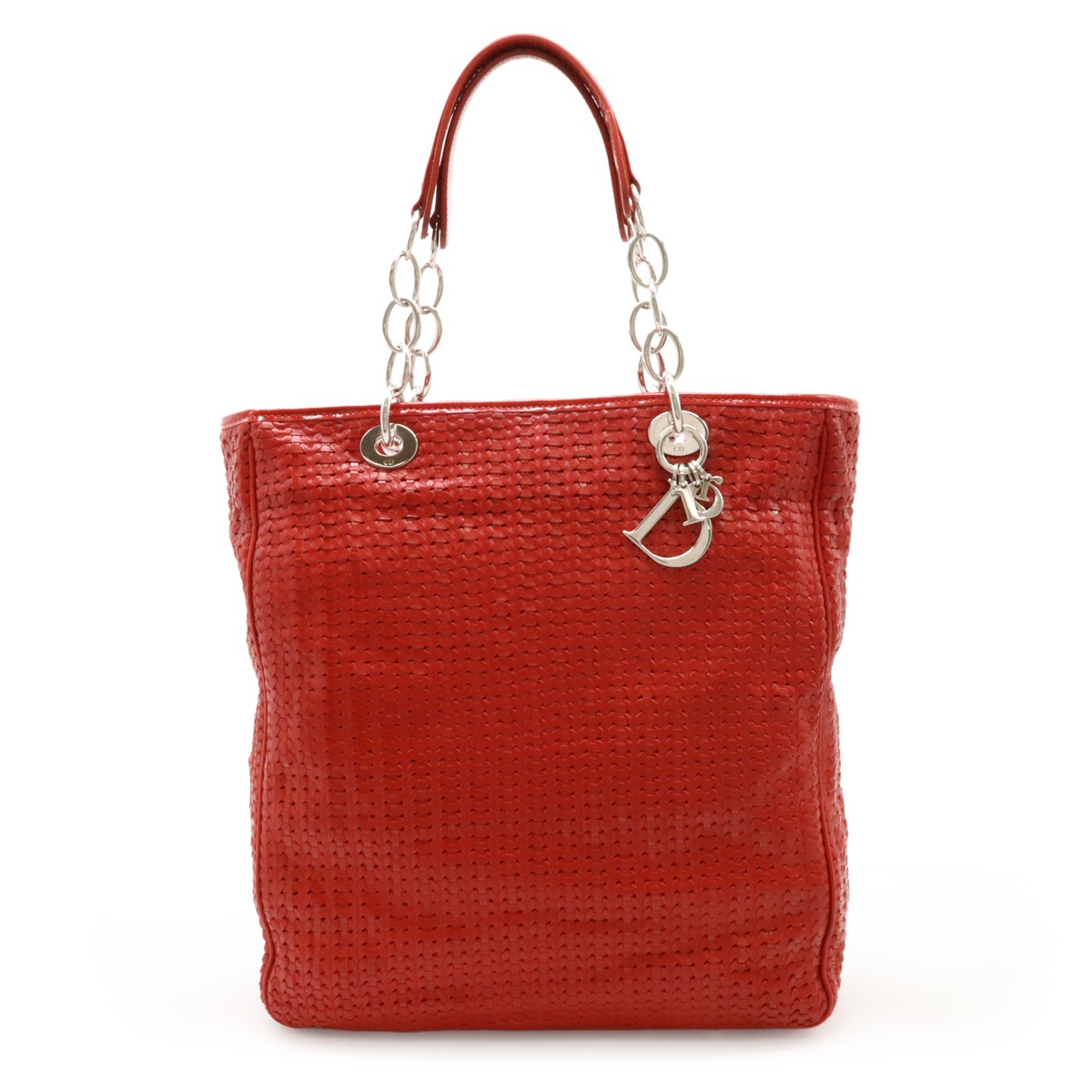 イントレチャート レディディオール 編み込み トートバッグ ショルダーバッグ レザー レッド シルバー金