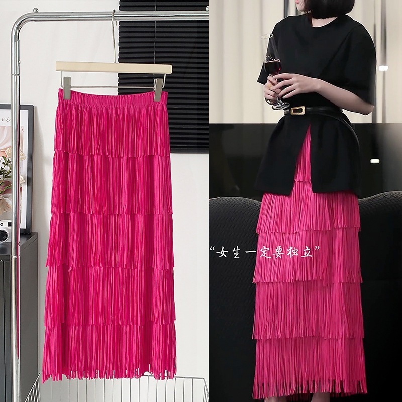 【1つ買うと10つ無料】多目的な気質とスリムな半長いスカートを持つ女性のためのミヤケタッセルレイヤードスプライシングケーキスカート