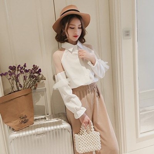 2451.シースルー長袖ブラウス（ホワイト）2019 春夏 無地 普段使い お出かけ 着回し