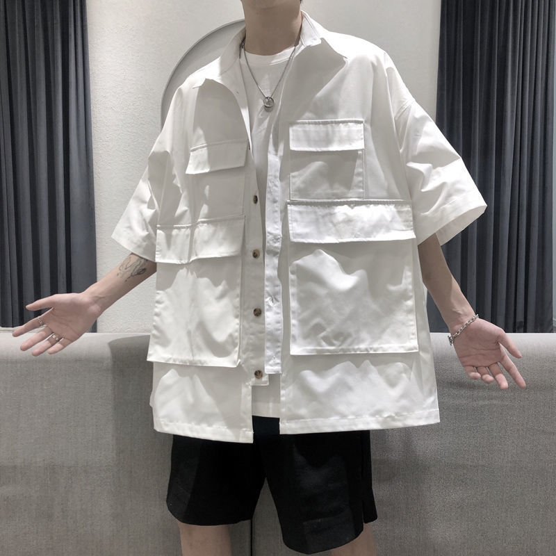 純色メンズ半袖シャツワークシャツ サマーTシャツ2点セット ポケット付きシャツ+メンズTシャツ