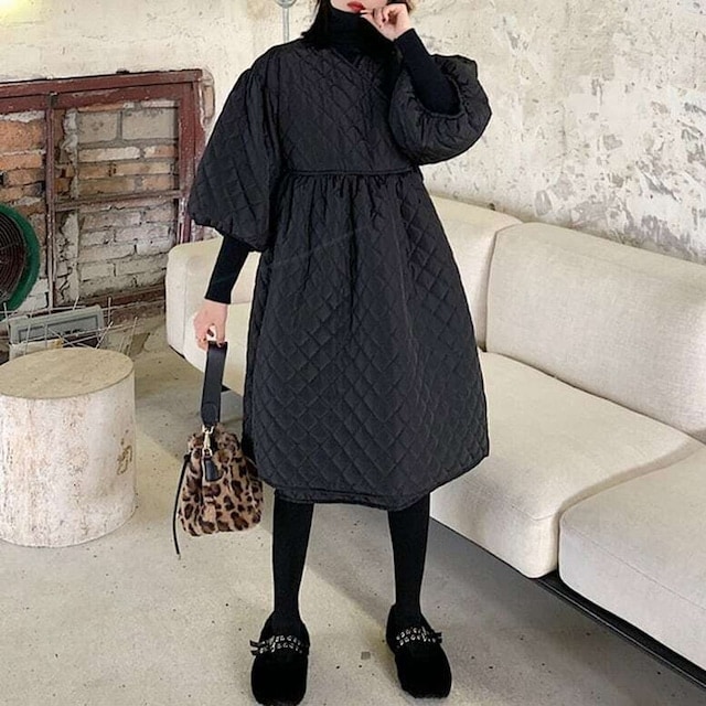 レディース キルティング カシュクール ワンピース ボリュームスリーブ ハイウエスト 可愛い 大人可愛い