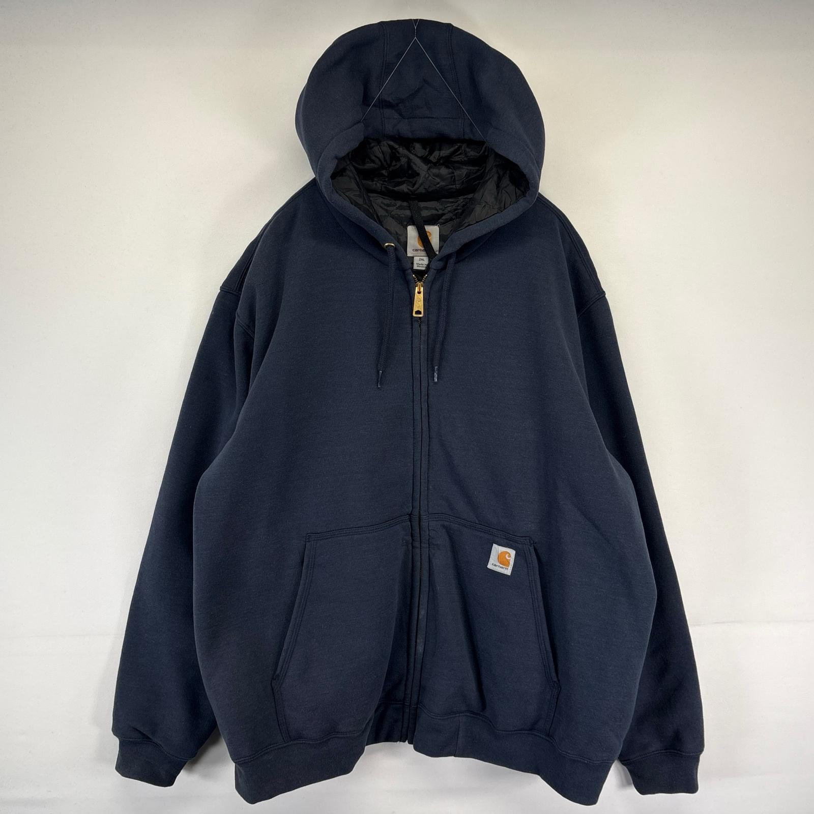 古着 パーカー フルジップ 裏地付き 中綿 ワンポイントロゴ 大きいサイズ 2XL ネイビー メンズ
