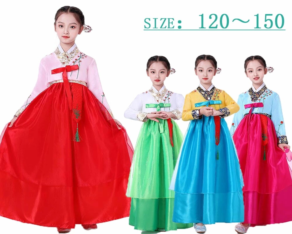 キッズ チマチョゴリ 女の子 韓服 朝鮮族衣装 エスニック 韓国宮廷風ドレス ハロウィン コスプレ衣装 コスチューム 学園祭 文化祭 体育祭 イベント コスプレ 刺繍花柄 4色