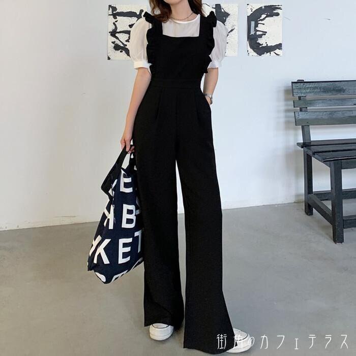 オールインワン ジャンプスーツ レディース ワイドパンツ ワイドレッグ ハイウエスト フルレングス パンツコーデ パンツスタイル フリル 肩フリル 無地 シンプル オーバーサイズ 大人