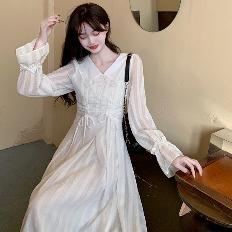 レディース ワンピース ワンピドレス シャツワンピ ミディアム ひざ下 袖あり 丸襟 長袖 Vネック フレア Aライン ギャザー リボン かわいい 大人可愛い 大人 上品 おしゃれ