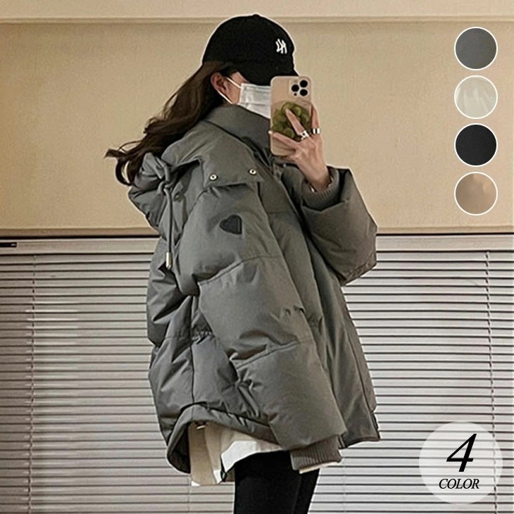 ショート ダウンジャケット レディース メンズ 冬 ダウン ジャケット アウター 羽織り ハート ハートマーク 韓国 ストリート カジュアル 女性 男性 ショートジャケット 男女兼用 韓国ファッション