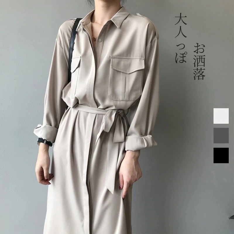 2026新作 高級感シャツワンピース レディース 気質着痩せ 長袖 ロングワンピース 大人 通勤 お洒落 韓国 ワンピース ウエスト引き締め 着痩せ ドレス 韓国ファッション母の日