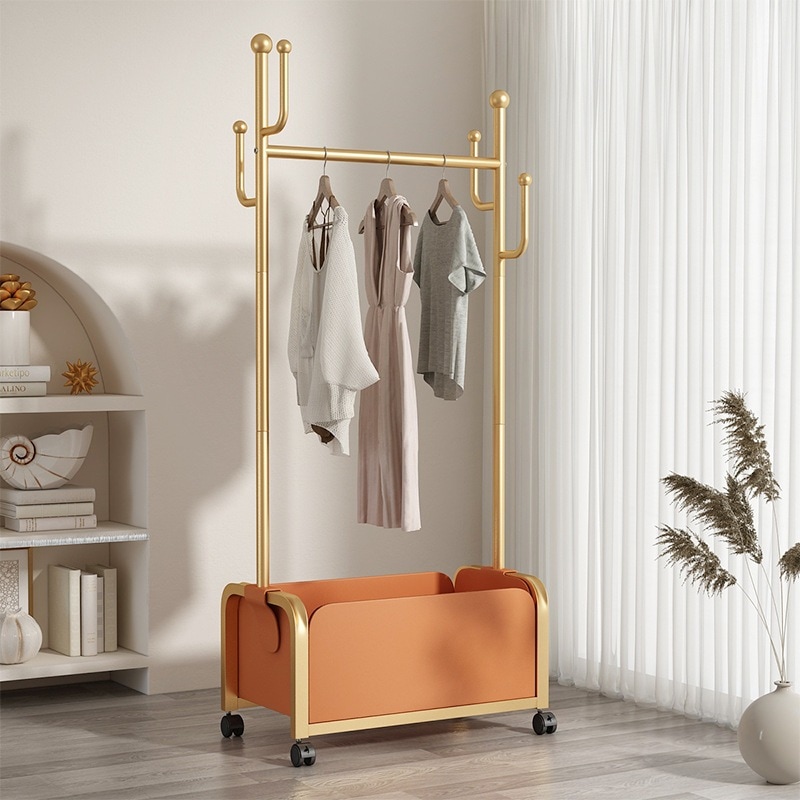 新しいシンプルなフロアコートラックpuレザー収納バスケットプーリーバルコニー衣類ハンガー乾燥ラック付き