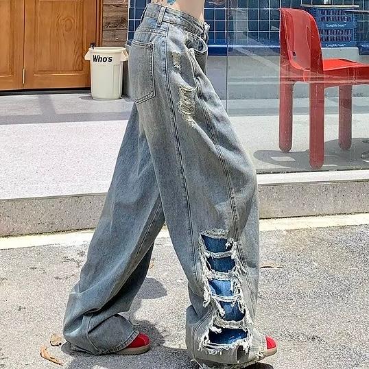 リメイク風 切替 ダメージ デニム パンツ ジーンズ 韓国 ストリート系 Y2K グランジ ダンス 衣装 K-POP レディース ファッション 8J-163