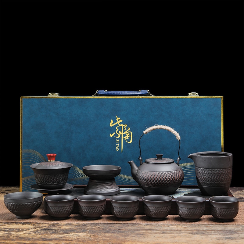 新しい手作りジャンプナイフティーポット紫色のセラミックティーセットセットギフトリフティングポットパープルセラミックティーセット卸売ビジネスギフト