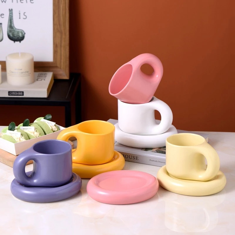 【1つ買うと20つ無料】シンなファットカップマットコーヒーカップセラミックカップディスクセットマグかわいい朝食カップ