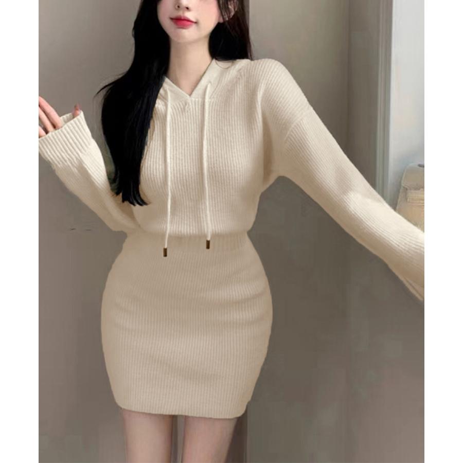 ミニニットワンピース フード付き 韓国風