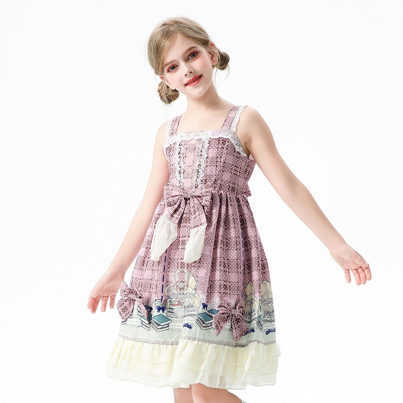 2025年夏 田園風 レース 子供用 サスペンダースカート ロリータ 子供服 ロリータ プリンセススカート 女の子 ドレス