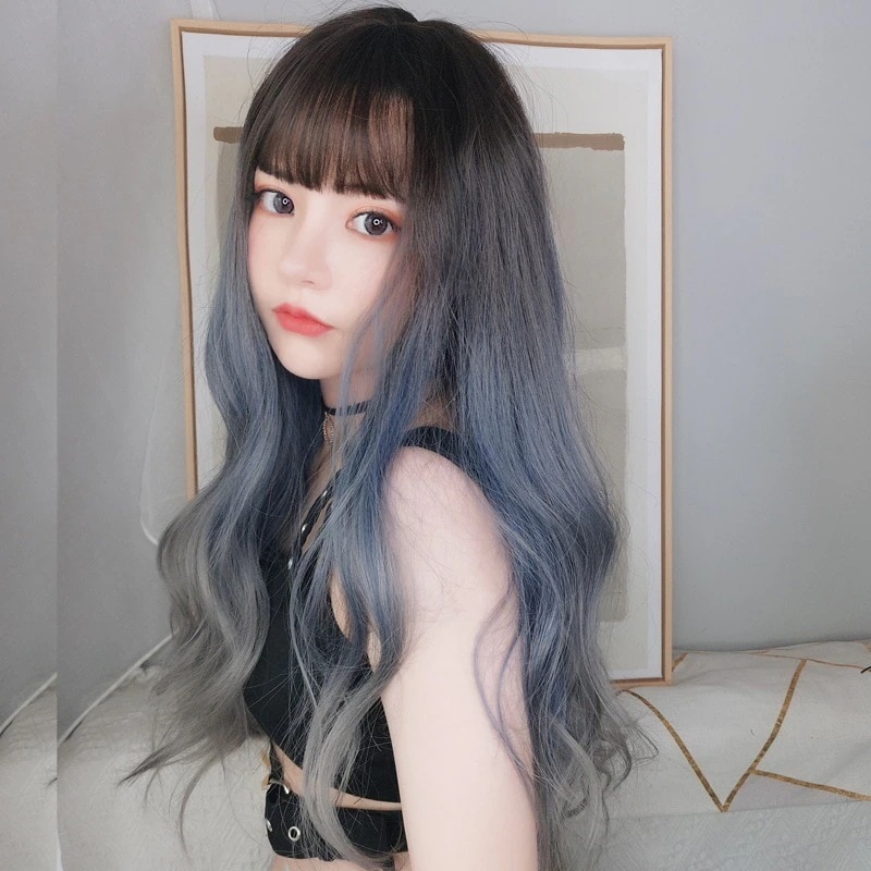 ウィッグ 女性 空気前髪 ヘイズ ブルー ロング 巻き毛 かわいい セット ナチュラル 生き生きとした 大きな ウェーブ ロングヘア