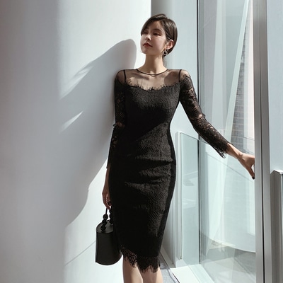 ドレス 衣装 ワンピース タイトワンピース ワンピースドレス 二次会ドレス 演奏会ドレス ステージドレス ミディアム丈 長袖タイト 刺繡 シースルー かわいい 大人可愛い きれいめ シンプル 大人