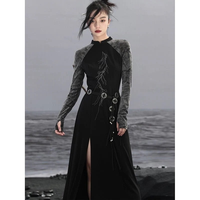 チャイナ風ワンピース 改良型チャイナドレス 長袖 レトロ ロング丈 オリジナル 着痩せ 個性的なデザイン ステージ衣装 演出衣装 イベント こせい 個性 特徴あり 新作 TV 主演 ステージ衣装