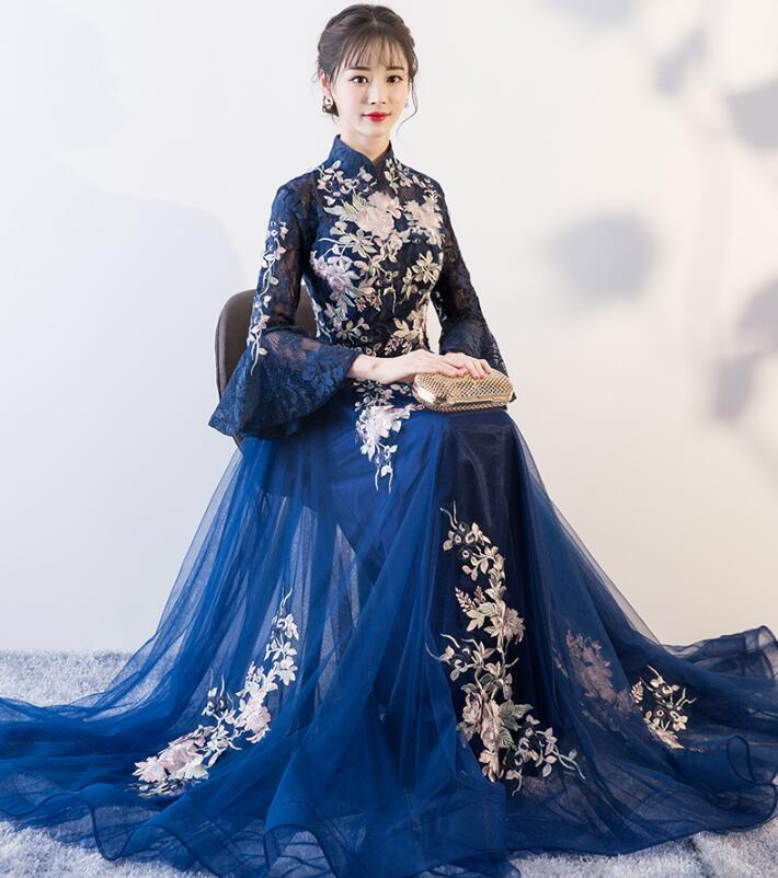 パーティードレス レディース ロングドレス 演奏会 大人 マキシ丈 ゴージャス　セレモニー　結婚式 発表会 披露宴　ウェディング パーティー イブニング　二次会　お呼ばれ 長袖 花柄 フォーマル 立ち