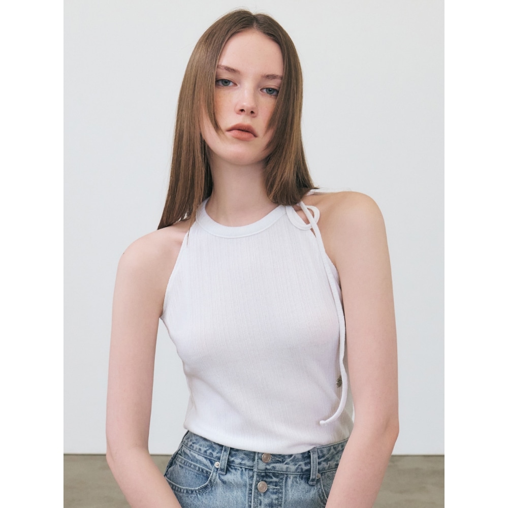 シティブリーズリブ編みリボンスリーブレスホワイト