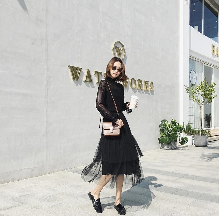 3098.シックなチュールプリーツロングスカート（ブラック）