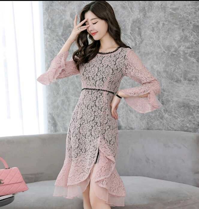 600.フラワーレースフィッシュテールワンピース（ピンク）