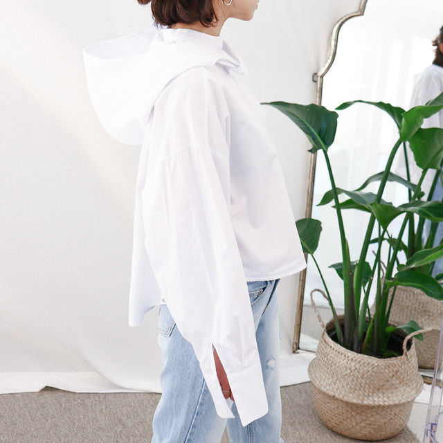 韓国ファッション[ku-nyang]モダンシンプル送料無料hood crop shirt