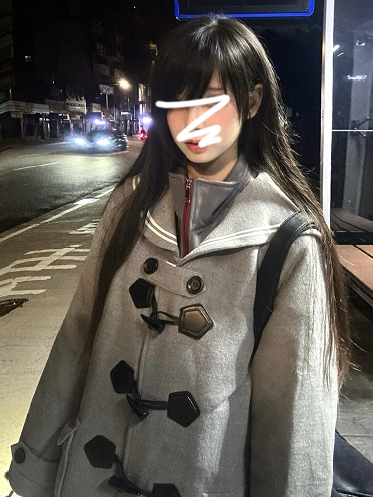 カレッジスタイルホーンボタンフード付きウールコート女性用2024秋冬小柄ショートスタイル肥厚