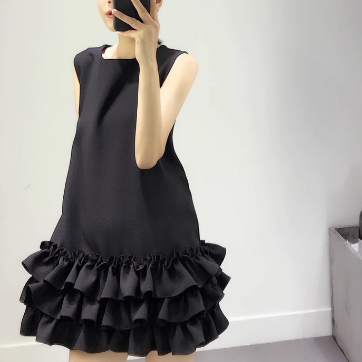 レディース スカート ワンピース ドレス ミニスカート ミニ ショート 袖なし ノースリーブ ラウンドネック 襟なし ノーカラー フリル かわいい 大人可愛い きれいめ シンプル カジュアル 上品