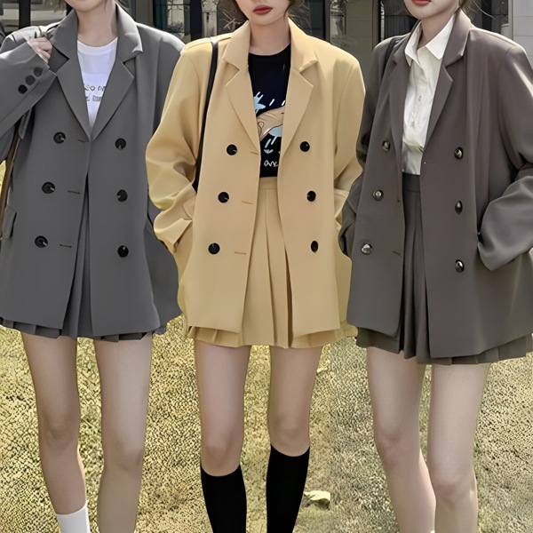 ３色展開 JKカレッジスタイルカジュアルスーツ/ストリートスーツ ツーピース スーツ風 レディース スカート トップス ジャケット セットアップ カジュアルスーツ プリーツスカート ミニスカート 長袖