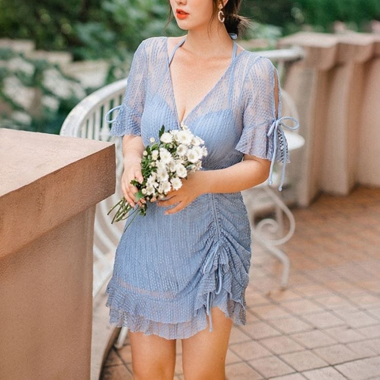 水着　スイムウェア 水着レディース ラッシュガード　水着体系カバー　suimsuit ショート丈 ワンピース　レース　シースルー　フレア　フリル　おしゃれ　カワイイ　韓国 大人可愛い　大人　リゾート