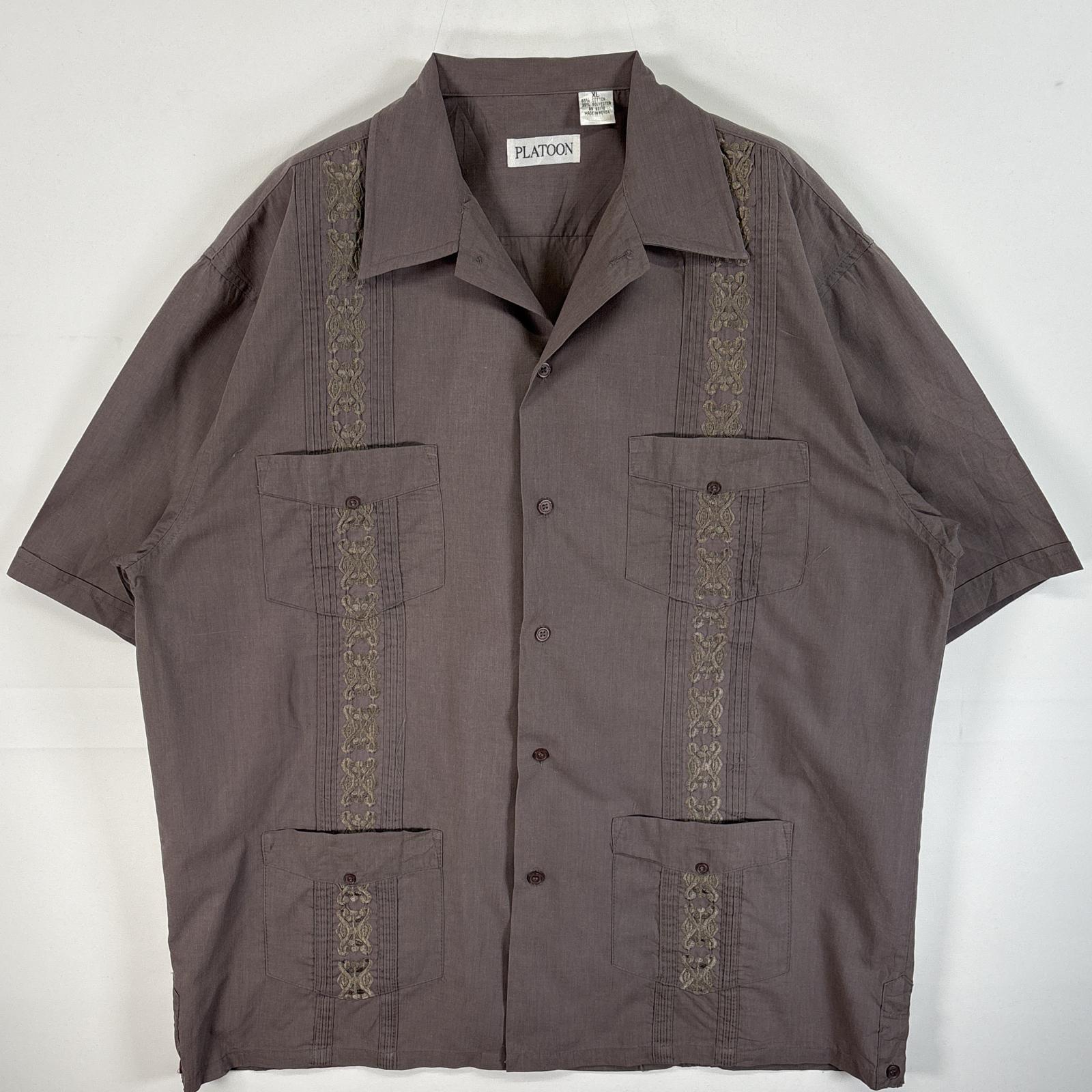 古着 PLATOON 半袖シャツ キューバシャツ 4つポケ 刺繍デザイン XL ベージュ系 無地 メンズ