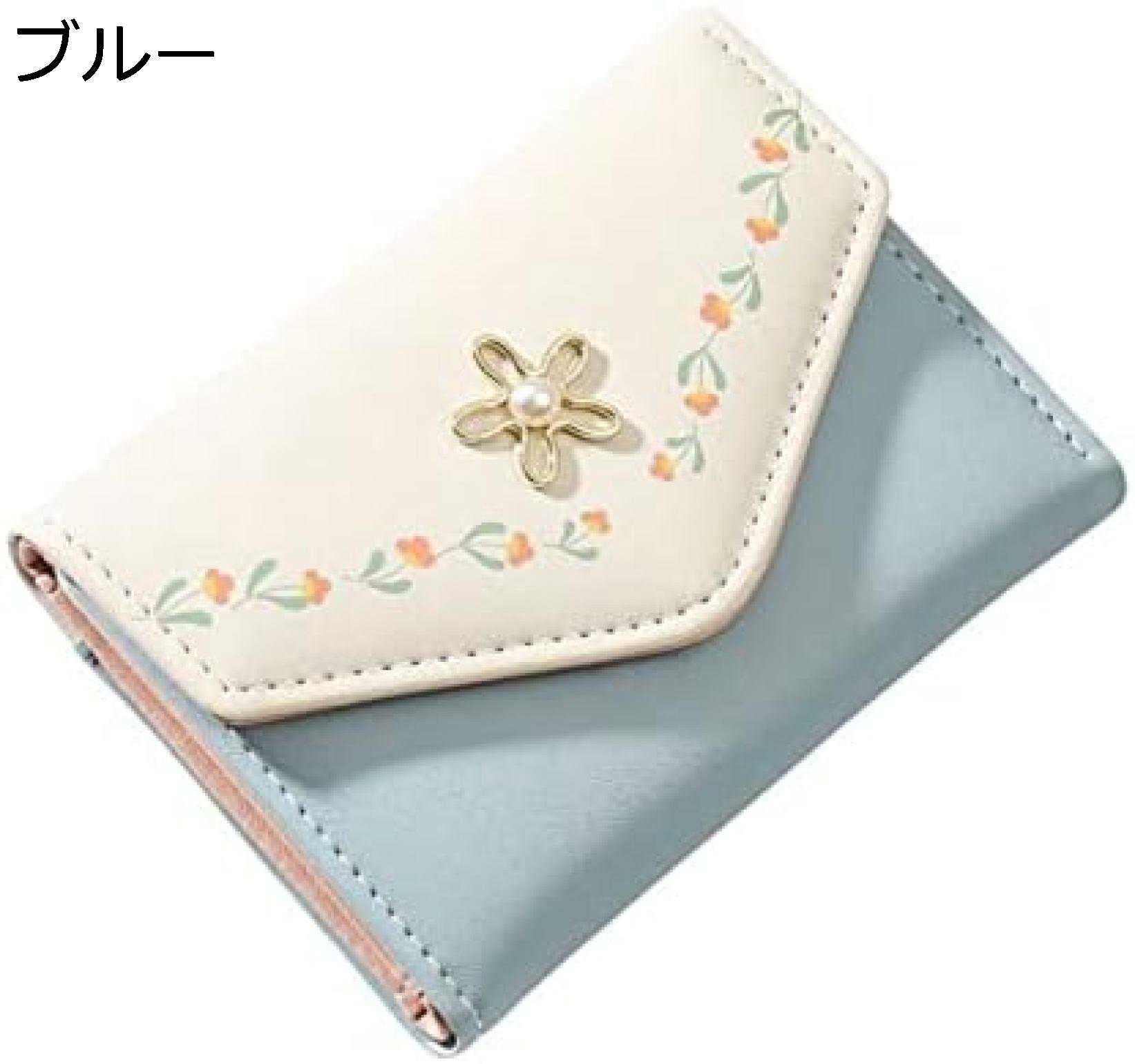 【20%OFFクーポン】レディース 財布 三つ折り ミニサイズ 花柄 ボタン 大容量 小銭入れ カード入れ 多機能 使いやすい お札が折れない 軽い コインケース ブルー PUレザー ウォレット かわ