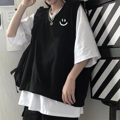 白底tシャツ半袖+ノースリーブベスト2点セット 韓国...のサムネイル