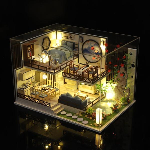 クリエイティブミニチュアウッドドールハウス家具植物飾りセットLEDライトコテージファンタジーパズル大人の誕生日フェスティバルギフト