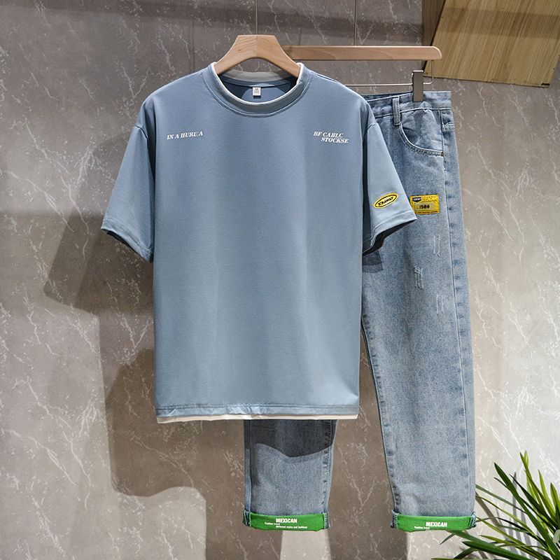 5色 セットアップ メンズカジュアルスーツ 半袖Tシャツ+ジーンズ 夏服 シンプル スポーツウェア 学生