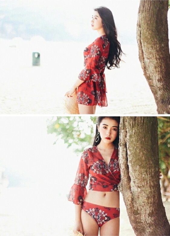 新作 -f010レディス水着 レッド パレオ オフショルダー ビスチェ バンドゥ フリル ワンピース タンキニ4点セット 大きいサイズ S-XL 水着 ビキニ