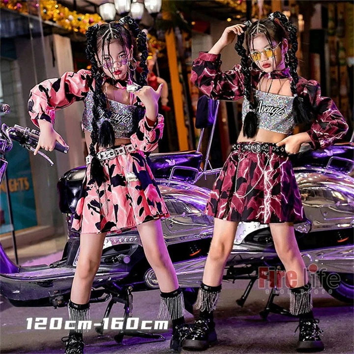 ダンス衣装 キッズ タイダイ柄 セットアップ ヒップホップ ピンク ローズ へそ出し トップス スカート 女の子 ダンスウェア チアガール 団体服 ステージ衣装 ダンス発表会 舞台衣装 応援団 韓国
