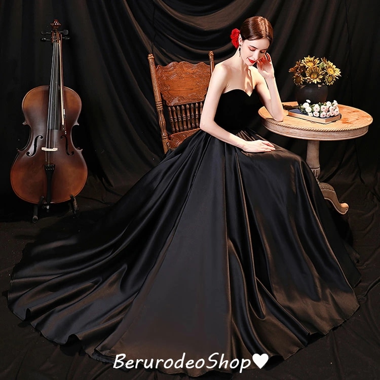 イブニングドレス 黒 ノースリーブ ロングドレス ベロア ベルベット サテン ドレス イブニングドレス ブラック 30代 40代 ビスチェドレス 発表会ドレス トレーン Aライン パーティードレス 二 7,298円