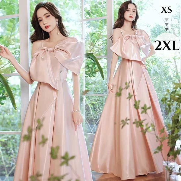 ロングドレス 演奏会 ドレス ピンク ビッグリボン ワンショルダー アシンメトリー イブニングドレス ピアノ 発表会 袖なし ノースリーブ Aライン 背中開き 大人 編み上げ アシンメトリードレス 二