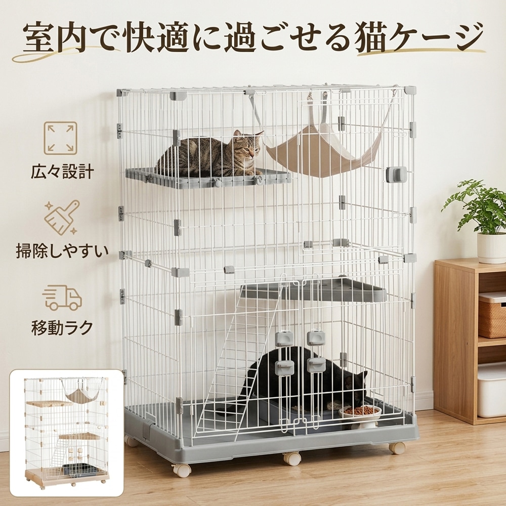 キャットケージ 2段 猫ケージ 大型 猫ハウス キャスター付 室内用 多頭飼い ペットゲージ おしゃれ 掃除しやすい