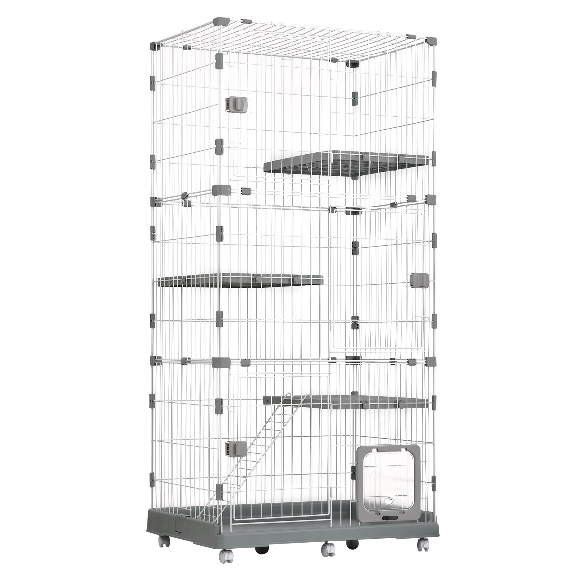 猫 ケージ 収納型 キャットケージ 3段 1段2段可能 キャスター付 キャットハウス 【グレー】
