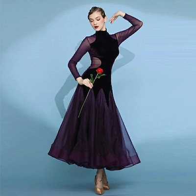 B1675★M★黒ベロア/青チュール/ワンピース/スタンダードドレス☆社交ダンス ベロア ダンスドレス B1675☆M☆黒ベロア/青チュール/ワンピース