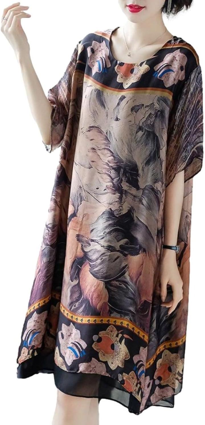 ブルーベリル ワンピース レディース Aライン 膝丈 ボタニカル柄 シフォン 五分袖 裏地有 シルク調 ゆったり(ブラック, 3XL)