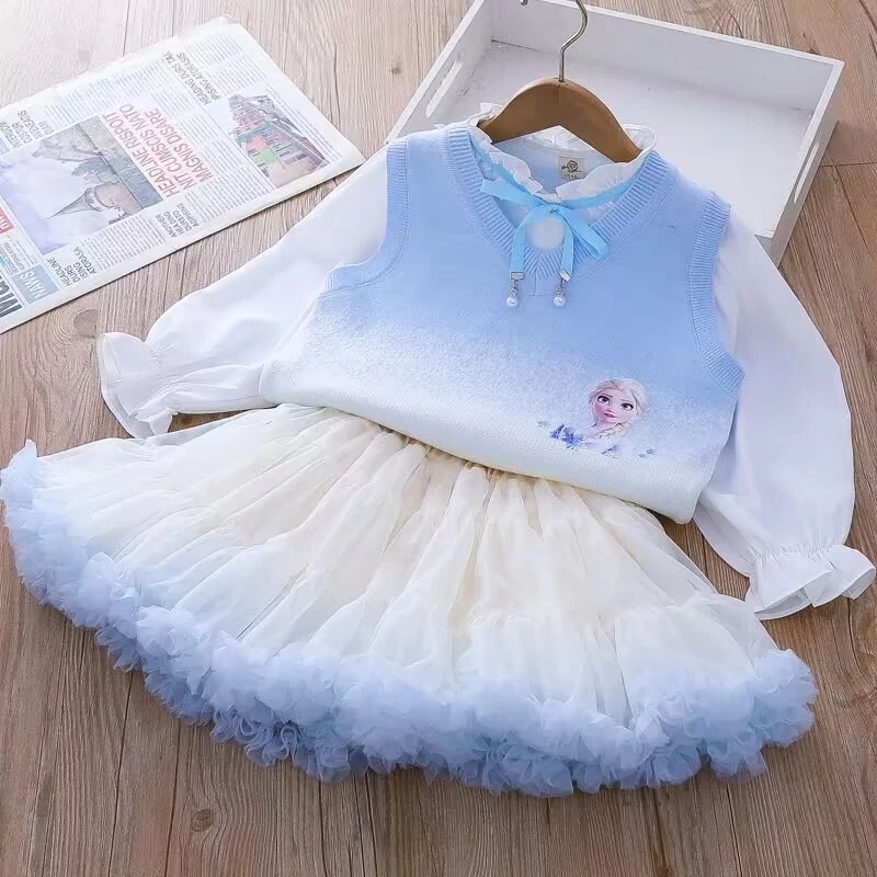 エルサスーツスカート氷雪姫スカート女の子ポンポンスカートスカート中子供ニットベスト半身スカート3点セット春秋新作