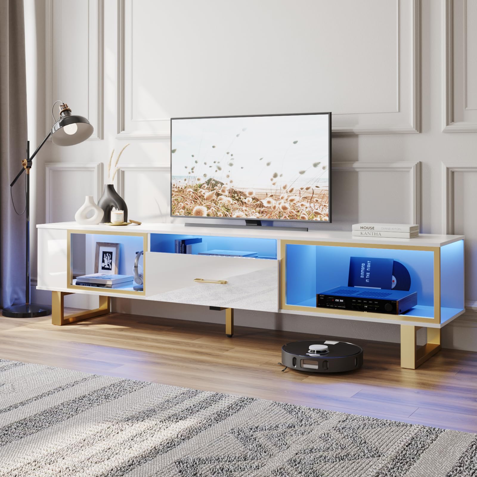 Bestier テレビ台 テレビボード 幅178cm TV台 55/65/70/75/80型対応 耐荷重127kg AV機器対応 おしゃれ 鏡面仕様 引き出し付き 大容量収納棚 LEDライト付 掃除ロ