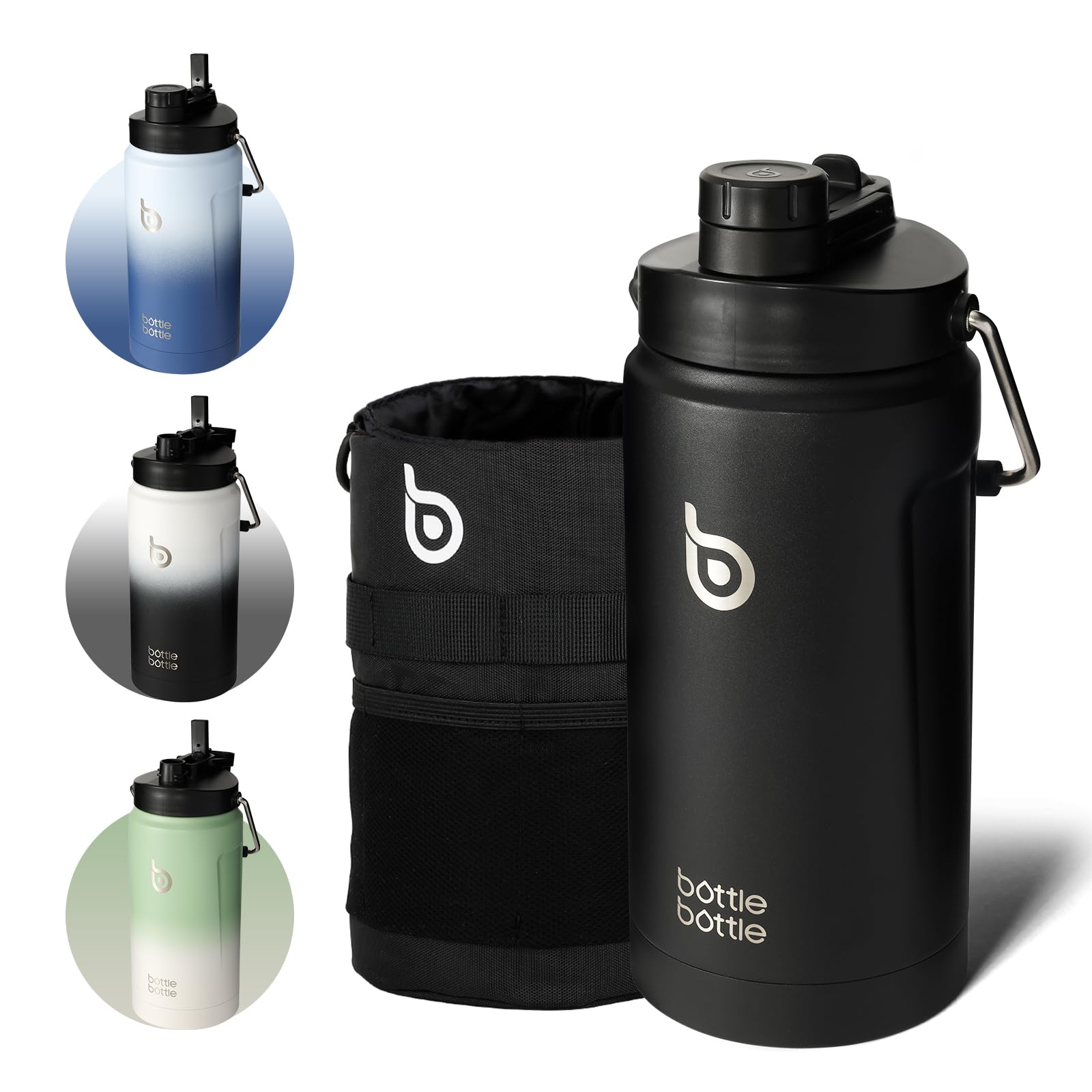BOTTLE BOTTLE ジャグ 2リットル 水筒 大容量 2L ステンレス 真空断熱 保温保冷 ストロー付き 持ち運び 水筒カバー付き 直飲み アウトドア スポーツ キャンプ ブラック black