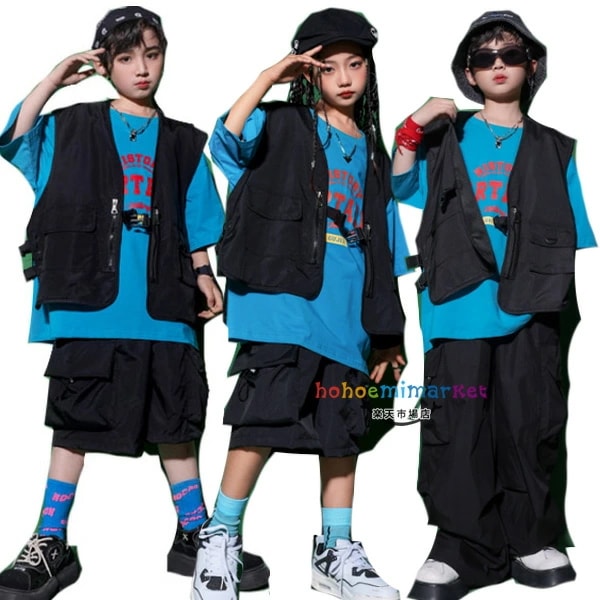 2026新型 タイムセール 黒 ベストセット キッズ ダンス 衣装 男の子 女の子 かっこいい セットアップ おしゃれ ベスト+半ズボン ベスト+長ズボン カジュアル ヒップホップ ジャズダンス 韓国